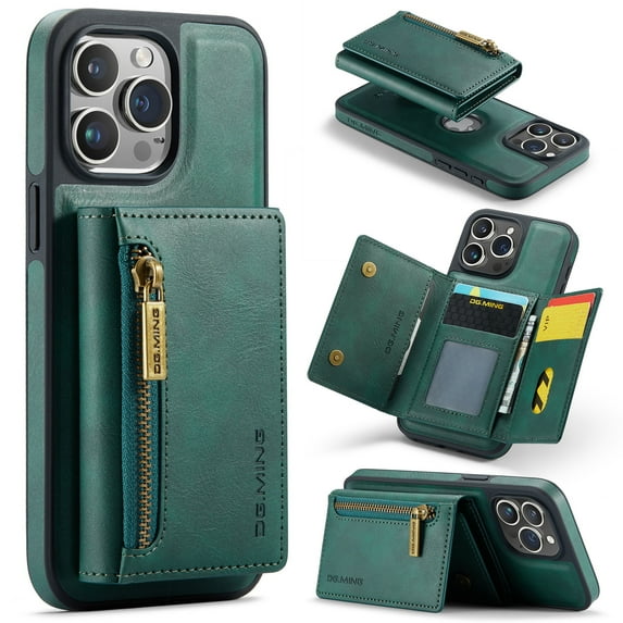 2 in 1 Detachable Back Cover Compatible with iPhone 12 Pro Max, Wallet Case with Zipper Card Holder RFID BLOCKING Premium PU Leather Pocket Phone Cases for iPhone 12 Pro Max 6.7 inch, Green