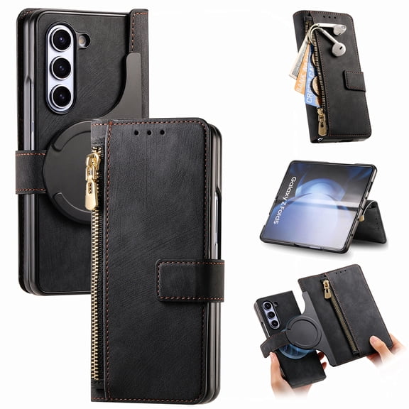 2 in 1 Detachable Case for Samsung Galaxy Z Fold 5 Case with Card Holder & S Pen Zipper Pocket & Hinge Protection, [Compatible with MagSafe] Heavy Duty Leather Wallet Phone Case - Black