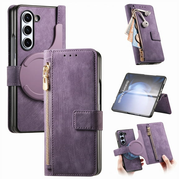 2 in 1 Detachable Case for Samsung Galaxy Z Fold 6 Case with Card Holder & S Pen Zipper Pocket & Hinge Protection, [Compatible with MagSafe] Heavy Duty Leather Wallet Phone Case - Purple