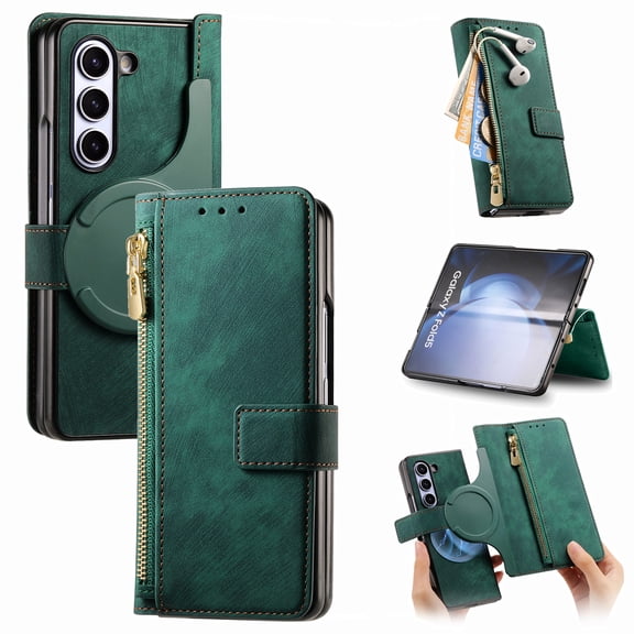 2 in 1 Detachable Case for Samsung Galaxy Z Fold 6 Case with Card Holder & S Pen Zipper Pocket & Hinge Protection, [Compatible with MagSafe] Heavy Duty Leather Wallet Phone Case - Green