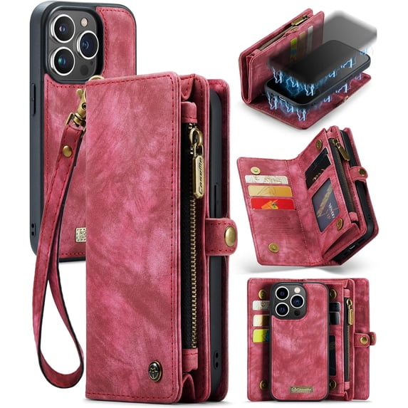 2 in 1 Detachable Compatible with iPhone 14 Pro Max Wallet Case with Card Holder, Retro Premium Flip Leather Cover Zipper Pocket Phone Cases 6.7'' (Red,IP 14 Pro Max)
