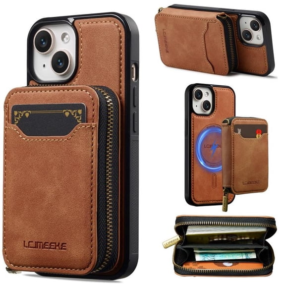2 In 1 Detachable Leather Wallet and Phone Cases for Apple iPhone 14 6.1" RFID Blocking Wallet Case Zipper Pocket Magnetic Phone Cases,Brown,For iPhone 14