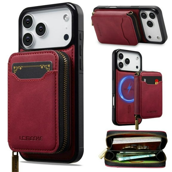 2 In 1 Detachable Leather Wallet and Phone Cases Compatible With IPhone 17 Pro Max 6.9" Wallet Case Zipper Pocket MagSafe Magnetic Phone Cases,Red,For iPhone 17 Pro Max