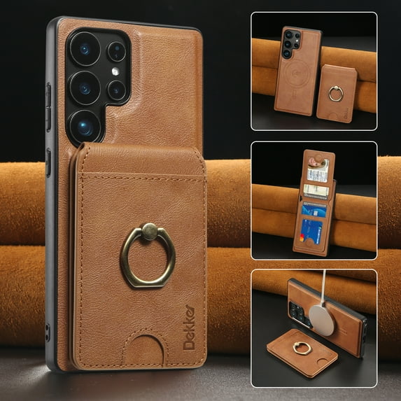 2 in 1 Detachable Magnetic Phone Cases Compatible with Samsung Galaxy S23 Ultra Case with Card Holder Finger Ring, Compatible with Magsafe Wallet, PU Leather Men Women for Galaxy S23 Ultra - Brown