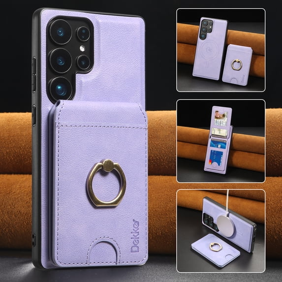 2 in 1 Detachable Magnetic Phone Cases Compatible with Samsung Galaxy S24 Case with Card Holder Finger Ring, Compatible with Magsafe Wallet, PU Leather Men Women for Galaxy S24 - Purple