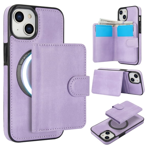 2 in 1 Detachable Magnetic Phone Cases Compatible with iPhone 13, with Credit Card Holder, Classic Durable Premium PU Leather Kickstand Rugged Flip Cover for Women Men, Purple