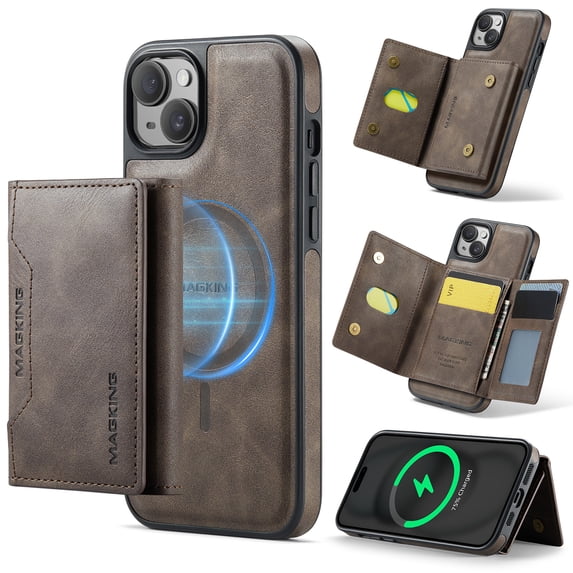 2 in 1 Detachable Magnetic Phone Cases Compatible with iPhone 15 Plus Case with Card Holder RFID Blocking, Compatible with Magsafe Wallet, Vintage PU Leather Protective Cover, Coffee