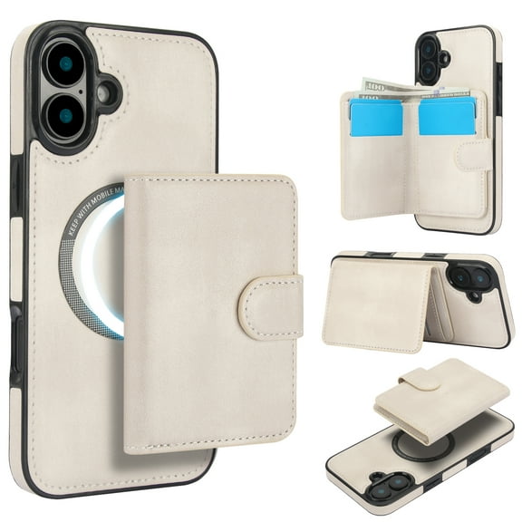 2 in 1 Detachable Magnetic Phone Cases Compatible with iPhone 16, with Credit Card Holder, Classic Durable Premium PU Leather Kickstand Rugged Flip Cover for Women Men, White