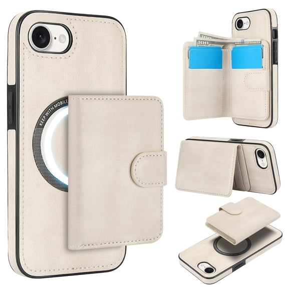 2 in 1 Detachable Magnetic Phone Cases Compatible with iPhone 16e, with Credit Card Holder, Classic Durable Premium PU Leather Kickstand Rugged Flip Cover for Women Men, White