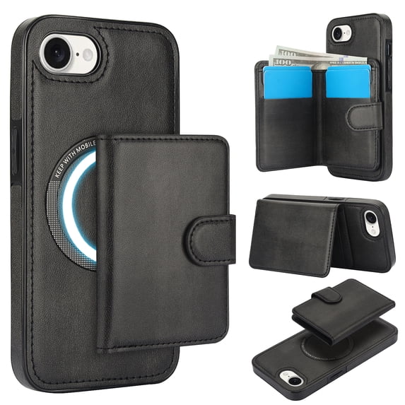 2 in 1 Detachable Magnetic Phone Cases Compatible with iPhone 16e, with Credit Card Holder, Classic Durable Premium PU Leather Kickstand Rugged Flip Cover for Women Men, Black