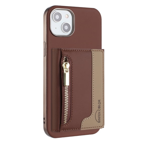2 in 1 Detachable PU Leather Zipper Wallet Case Compatible with iPhone 15 Plus, RFID Blocking Magnetic Shockproof Protective Phone Cover Stand + Card Holder, for iPhone 15 Plus, Brown
