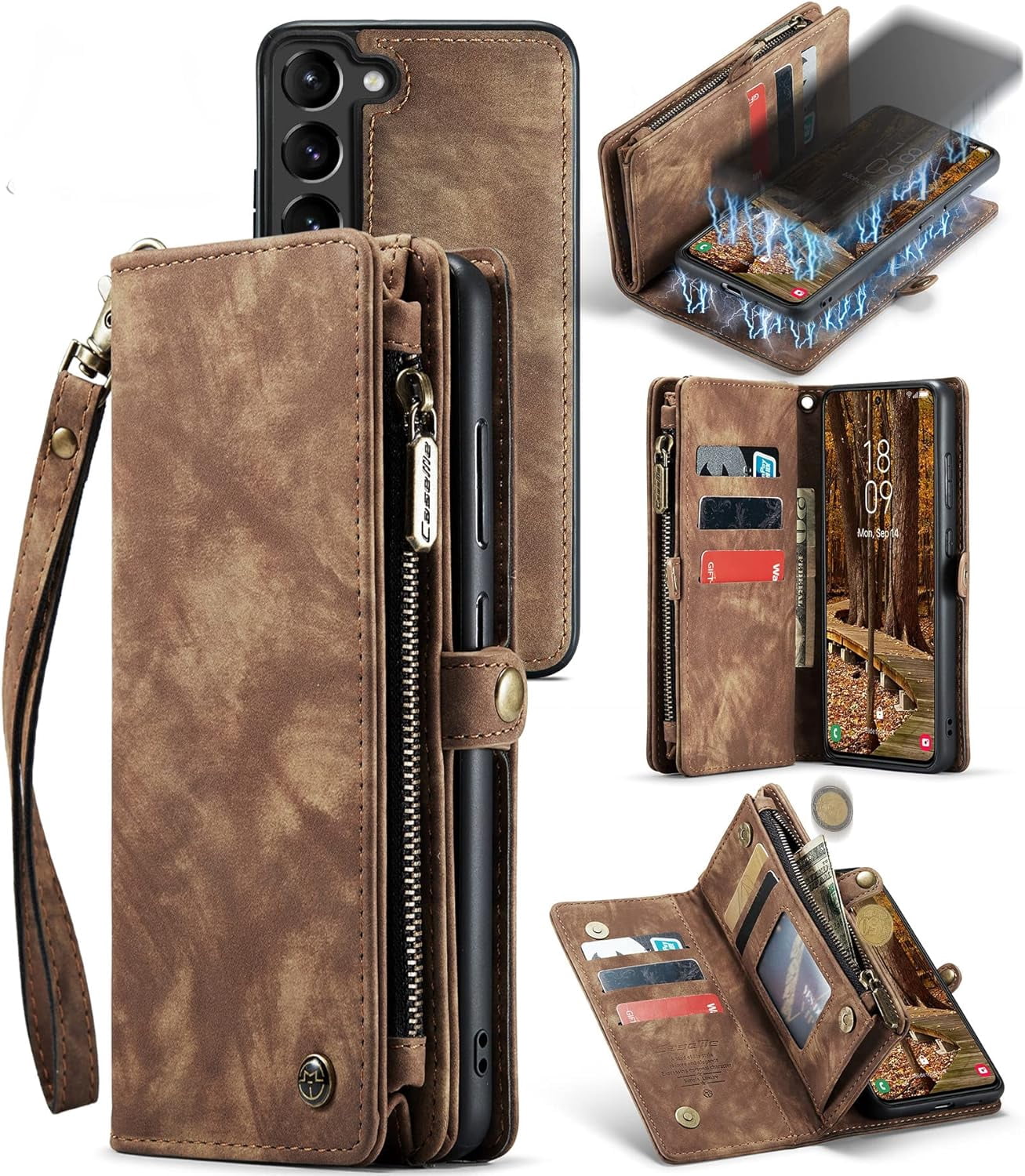 2 in 1 Detachable for Samsung Galaxy S23+ / S23 Plus Wallet Case with Card Holder, Retro Premium Flip Leather Cover  Zipper Pocket Phone Cases 6.6'' (Coffee,S23+/S23 Plus)
