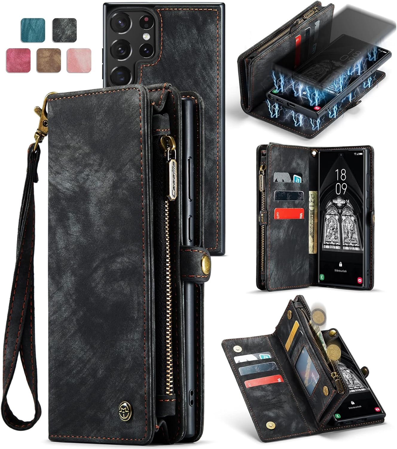 2 in 1 Detachable for Samsung Galaxy S23 Ultra Wallet Case with Card Holder, Retro Premium Flip Leather Cover  Zipper Pocket Phone Cases 6.8'' (Black,S23 Ultra)