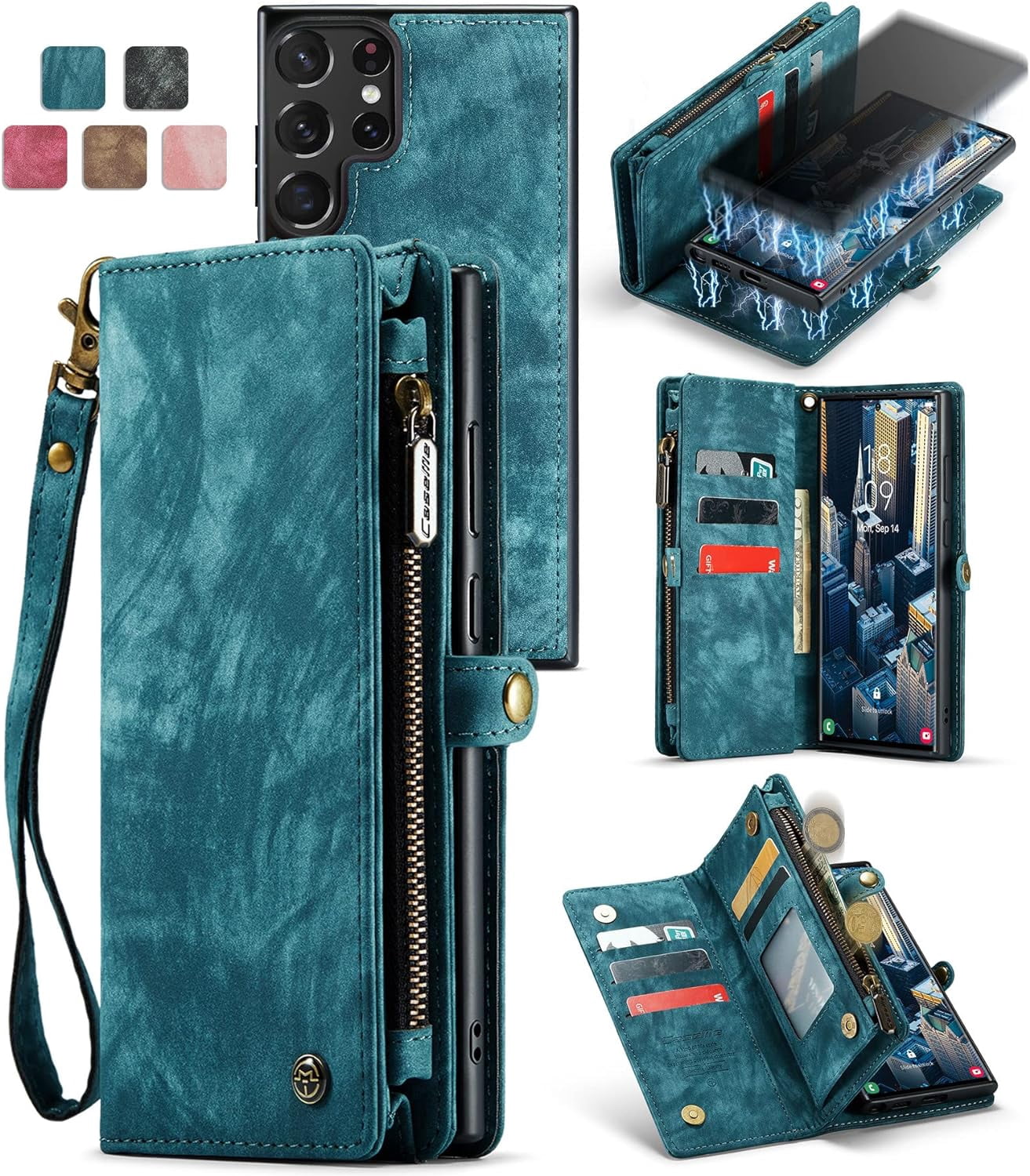 2 in 1 Detachable for Samsung Galaxy S23 Ultra Wallet Case with Card Holder, Retro Premium Flip Leather Cover  Zipper Pocket Phone Cases 6.8'' (Blue,S23 Ultra)