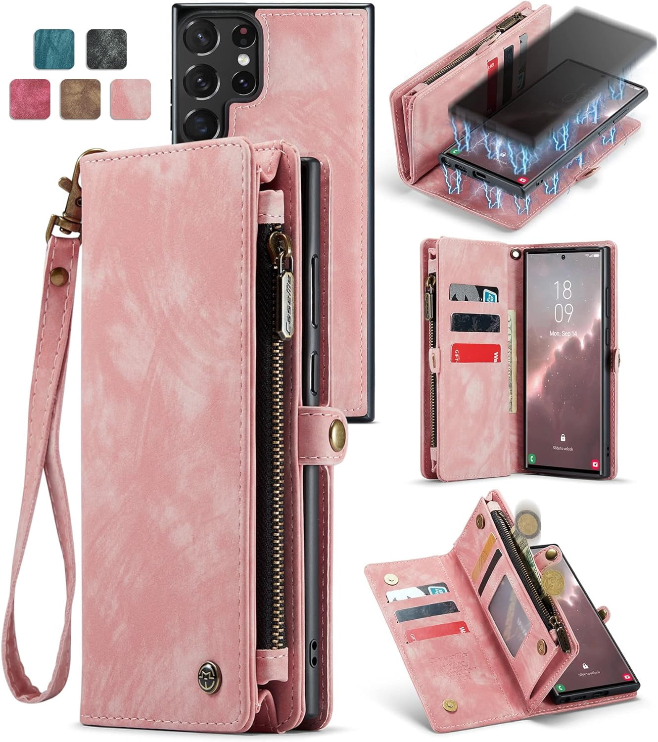2 in 1 Detachable for Samsung Galaxy S23 Ultra Wallet Case with Card Holder, Retro Premium Flip Leather Cover  Zipper Pocket Phone Cases 6.8'' (Pink,S23 Ultra)