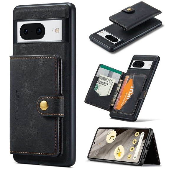 2 in 1 Detachable Wallet Back Cover for Google Pixel 8a, Vintage Premium PU Leather Kickstand Case with Card Holder Pocket & Wireless Charging Slim Phone Cases Cover for Google Pixel 8a, Black