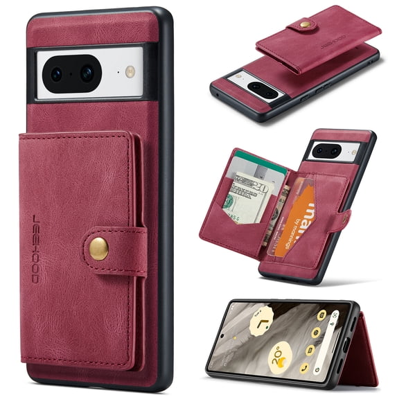 2 in 1 Detachable Wallet Back Cover for Google Pixel 8a, Vintage Premium PU Leather Kickstand Case with Card Holder Pocket & Wireless Charging Slim Phone Cases Cover for Google Pixel 8a, Red