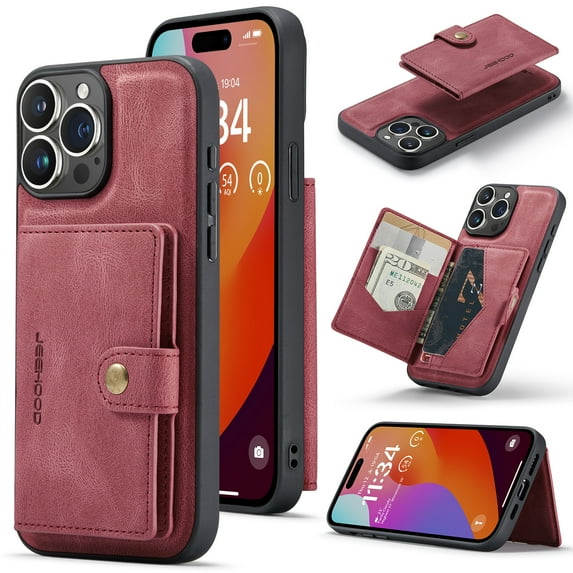 2 in 1 Detachable Wallet Back Cover for iPhone 16 Pro Max, Vintage Premium PU Leather Kickstand Case with Card Holder Pocket & Wireless Charging Slim Phone Cases Cover for iPhone 16 Pro Max, Red