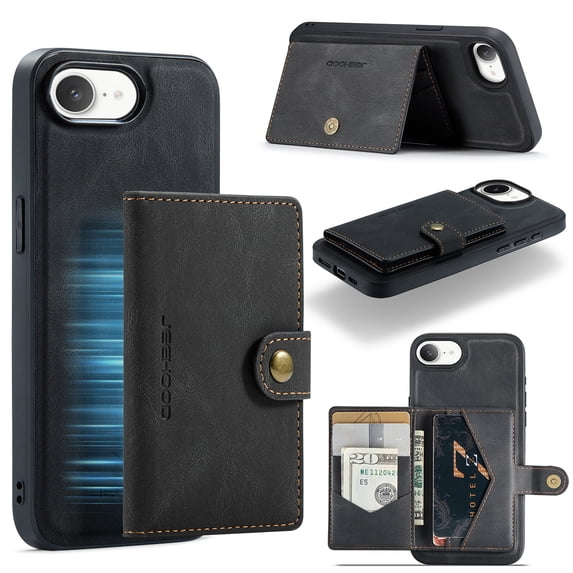 2 in 1 Detachable Wallet Back Cover for iPhone 16e, Vintage Premium PU Leather Kickstand Case with Card Holder Pocket & Wireless Charging Slim Phone Cases Cover for iPhone 16e, Black