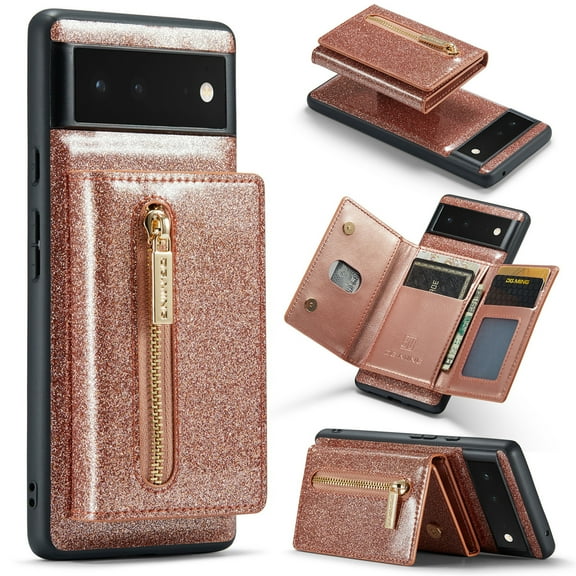 2 in 1 Detachable Wallet Case for Google Pixel 6, Glitter PU Leather Card Holder Money Pocket Shockproof Kickstand Magnetic Hybrid Slim Phone Back Protective Cover for Pixel 6 6.4 inch,Rosegold