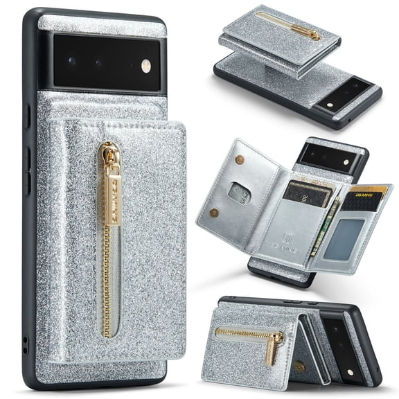 2 in 1 Detachable Wallet Case for Google Pixel 6a, Glitter PU Leather Card Holder Money Pocket Shockproof Kickstand Magnetic Hybrid Slim Phone Back Case Cover for Pixel 6a 6.1 inch, Silver