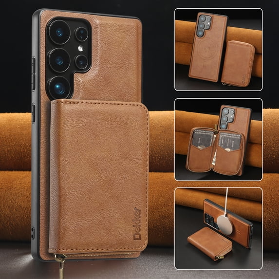 2 in 1 Detachable Wallet Case for Samsung Galaxy S25 Plus, Classic PU Leather Card Slots Kickstand Zipper Pocket Shockproof Phone Case Cover Compatible with Magsafe for Galaxy S25 Plus - Brown