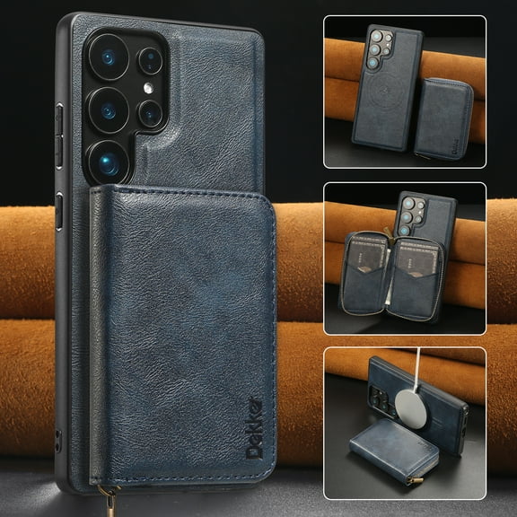 2 in 1 Detachable Wallet Case for Samsung Galaxy S25 Plus, Classic PU Leather Card Slots Kickstand Zipper Pocket Shockproof Phone Case Cover Compatible with Magsafe for Galaxy S25 Plus - Blue