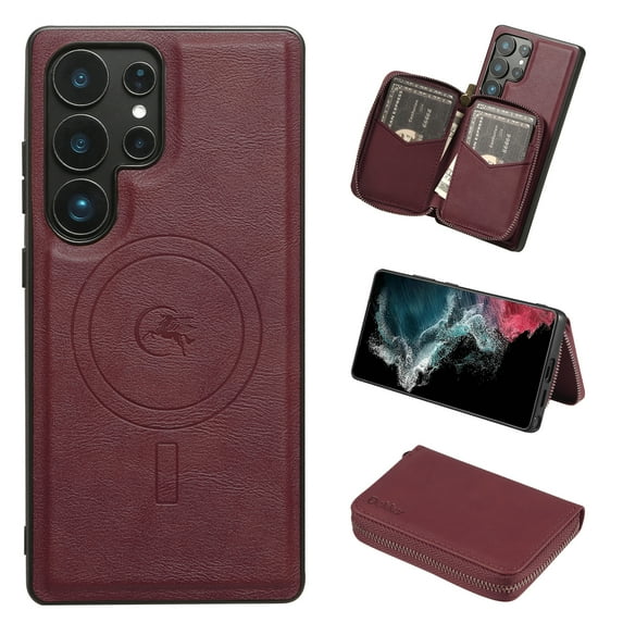 2 in 1 Detachable Wallet Case for Samsung Galaxy S25 Ultra, Classic PU Leather Card Slots Kickstand Zipper Pocket Shockproof Phone Case Cover Compatible with Magsafe for Galaxy S25 Ultra - Winered