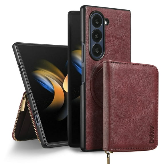 2 in 1 Detachable Wallet Case for Samsung Galaxy Z Fold 5, Classic PU Leather Card Slots Kickstand Zipper Pocket Shockproof Phone Case Cover Compatible with Magsafe for Galaxy Z Fold 5 - Winered