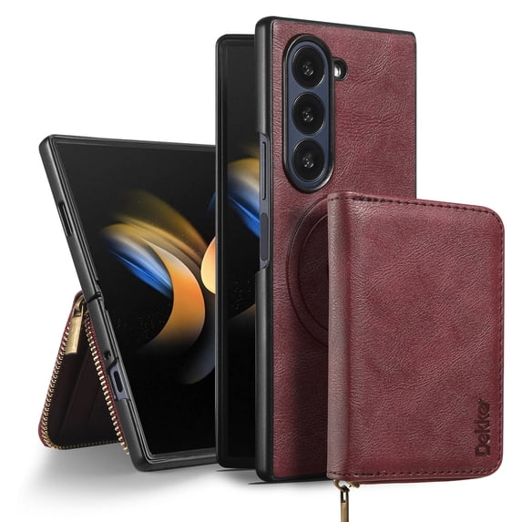 2 in 1 Detachable Wallet Case for Samsung Galaxy Z Fold 7, Classic PU Leather Card Slots Kickstand Zipper Pocket Shockproof Phone Case Cover Compatible with Magsafe for Galaxy Z Fold 7 - Winered