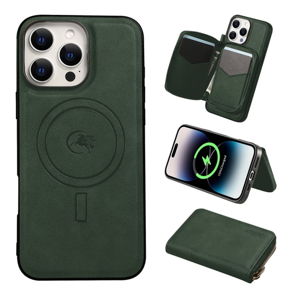 2 in 1 Detachable Wallet Case for iPhone 12 Pro / 12, Classic PU Leather Card Slots Kickstand Zipper Pocket Shockproof Phone Case Cover Compatible with Magsafe for iPhone 12 Pro / 12 - Green