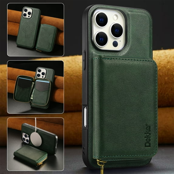 2 in 1 Detachable Wallet Case for iPhone 13 Pro, Classic PU Leather Card Slots Kickstand Zipper Pocket Shockproof Phone Case Cover Compatible with Magsafe for Galaxy S25 - Green