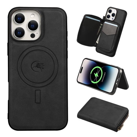 2 in 1 Detachable Wallet Case for iPhone 13 Pro Max, Classic PU Leather Card Slots Kickstand Zipper Pocket Shockproof Phone Case Cover Compatible with Magsafe for iPhone 13 Pro Max - Black