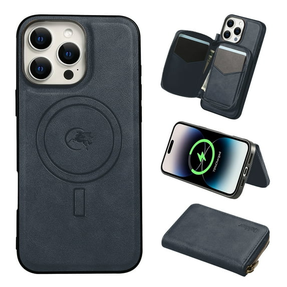 2 in 1 Detachable Wallet Case for iPhone 13 Pro Max, Classic PU Leather Card Slots Kickstand Zipper Pocket Shockproof Phone Case Cover Compatible with Magsafe for iPhone 13 Pro Max - Blue