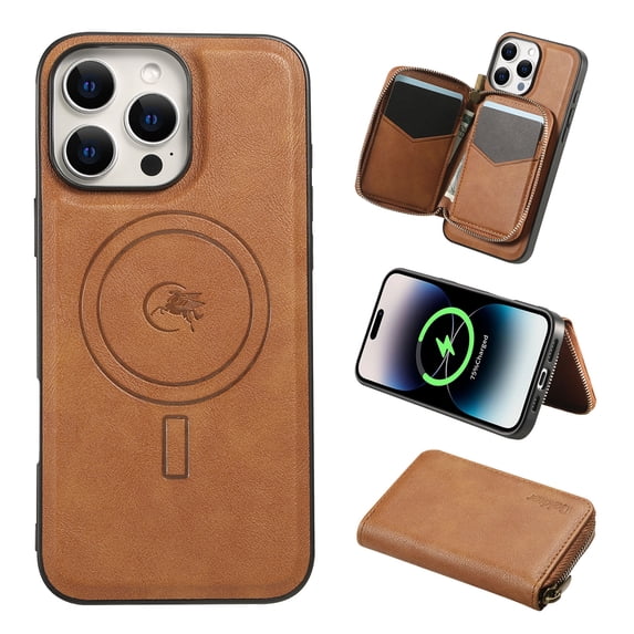2 in 1 Detachable Wallet Case for iPhone 13 Pro Max, Classic PU Leather Card Slots Kickstand Zipper Pocket Shockproof Phone Case Cover Compatible with Magsafe for iPhone 13 Pro Max - Brown