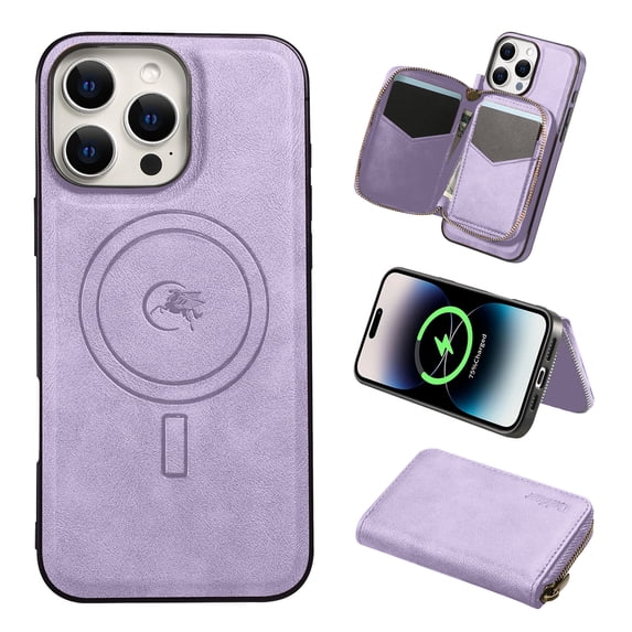 2 in 1 Detachable Wallet Case for iPhone 14 Pro, Classic PU Leather Card Slots Kickstand Zipper Pocket Shockproof Phone Case Cover Compatible with Magsafe for iPhone 14 Pro - Purple
