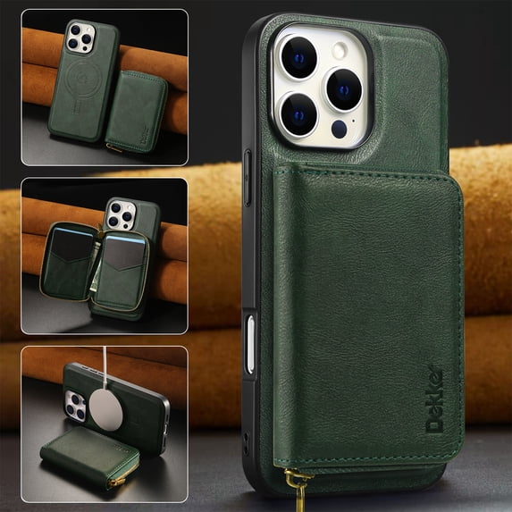 2 in 1 Detachable Wallet Case for iPhone 16 Pro, Classic PU Leather Card Slots Kickstand Zipper Pocket Shockproof Phone Case Cover Compatible with Magsafe for Galaxy S25 - Green