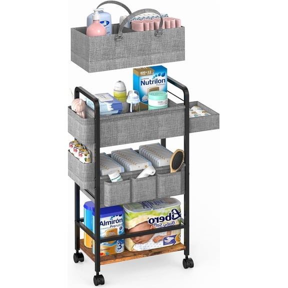 2 In 1 Diaper Caddy & 3-Tier Rolling Storage Cart, Daily Essentials Organizer Cart with Dividers, Detachable Mobile Metal Utility Bedside Cart with Large Capacity