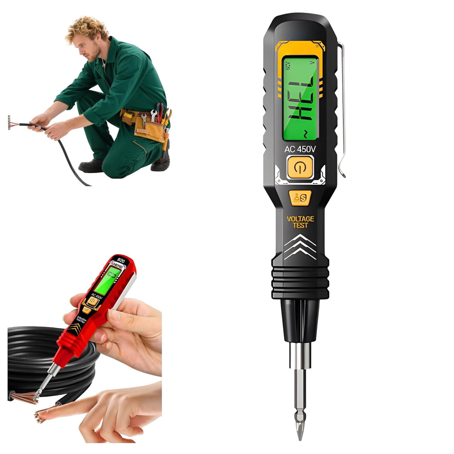 2 in 1 Digital Display Induction Test Pencil, Non-Contact AC 30-1000V/Contact AC 11-450V, with LED Flashlight & Buzzer Alarm, Smart Live/Null Wire Judgment for Electricians/DIYers(Black)
