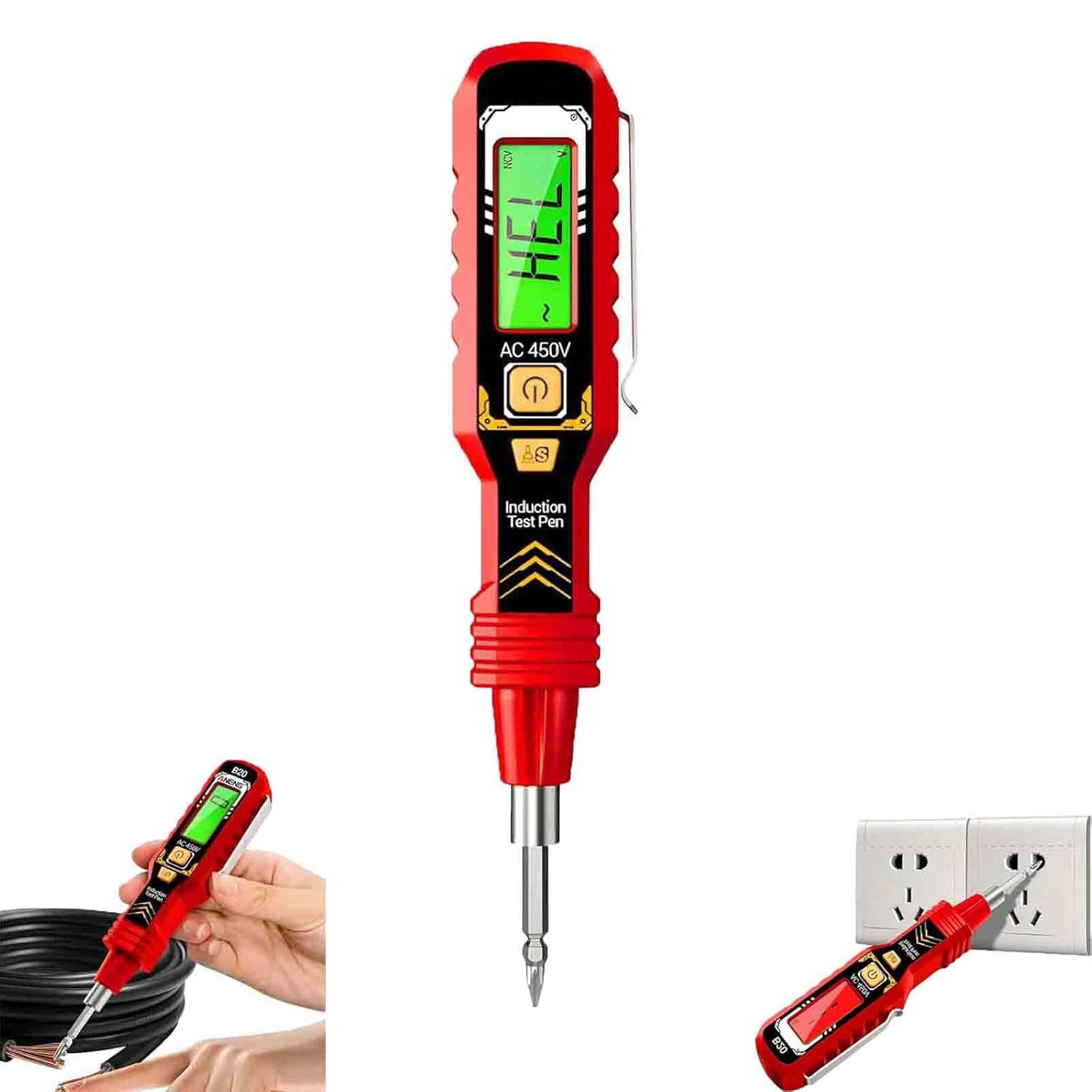 2 in 1 Digital Display Induction Test Pencil, Non-Contact AC Voltage 30-1000V + Contact 11-450V with LED Light & Buzzer - Live, Neutral Wire Tester, CE Certified (Red)