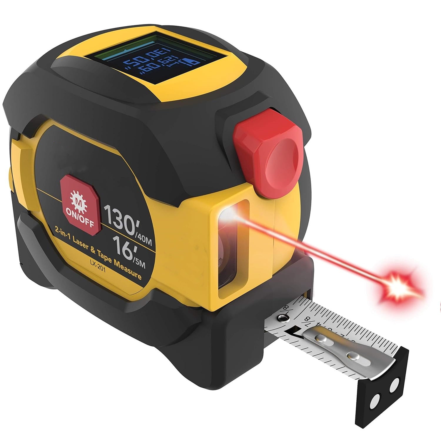 2 in 1 Digital Laser Tape Measure | 130ft/40m Laser Distance Meter Display On Backlit LCD Screen with 16ft/5m AutoLock Measuring Tape | Ft/Inch/Fractions/M/mm