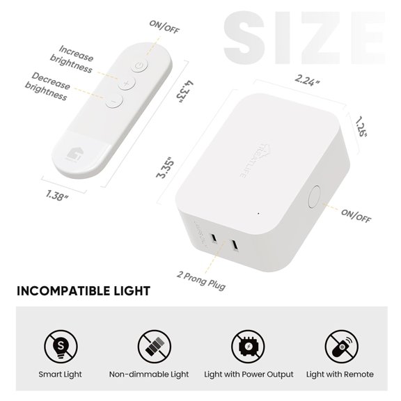 2 in 1 Dimmer Plug with Remote, No Smart Features, Wireless Remote Control Outlet, Up to 100FT Range, Plug-in Dimmer Switch for Dimmable Bulbs, String Lights, Max Power 300W