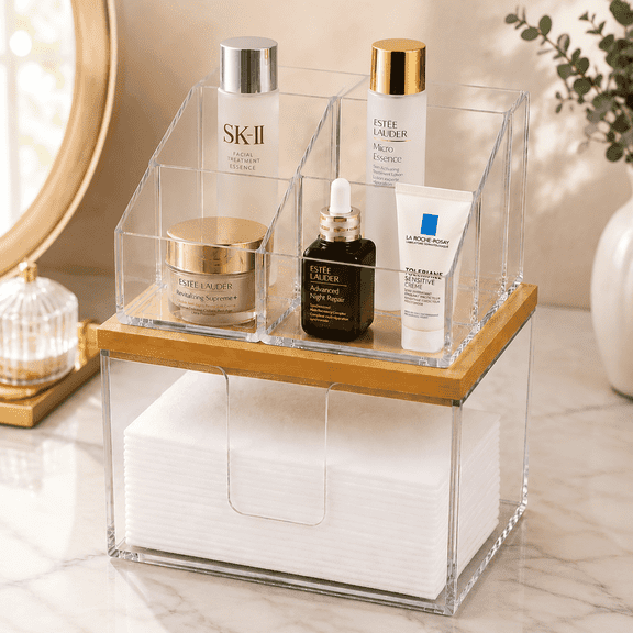 2 in 1 Disposable Face Towel Holder and Cosmetic Organizer, with Bamboo Lid, Stackable Acrylic Containers for Bathroom Vanity Counter