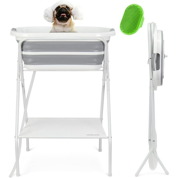 2 in 1 Dog Bath Tub Dog Washing Station with Bath Brush for Bathing and Grooming, Elevated Collapsible Foldable Portable Shower Bathtub for Small Dogs Cats Pet, Indoor and Outdoor