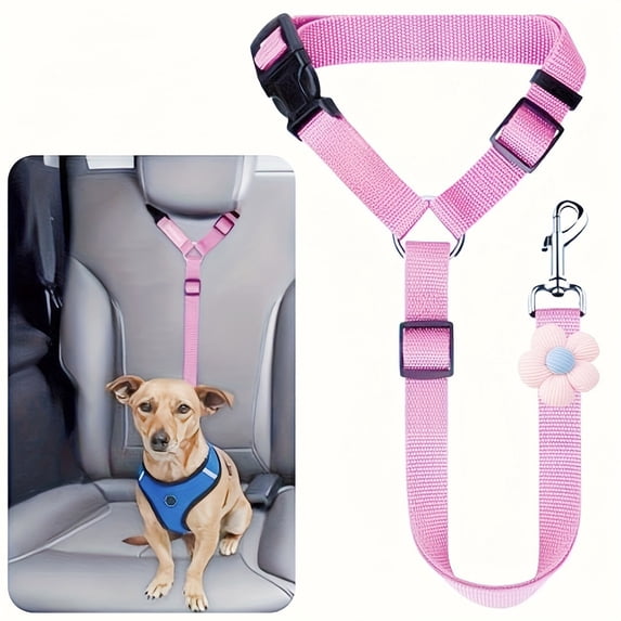 2 in 1 Dog Car Seat Belt,Adjustable Pet Car Seatbelt Leash with Cute Flower,Heavy Duty Dog Car Harness Safety Belt for Small Medium Large Dogs Travel Daily Walking