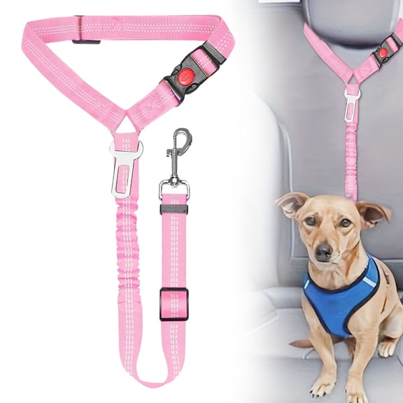 2 in 1 Dog Car Seat Belt,Adjustable Pet Harness Seatbelt Headrest Restraint Safety Tethers Leashes, Pet Car Travel Accessories, Elastic Bungee Buffer Reflective Anti-Jerk 360° Rotation Buckle,Pink