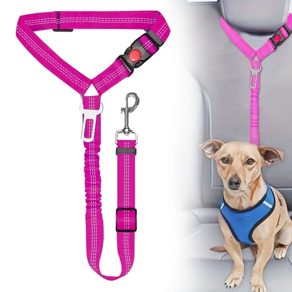 2 in 1 Dog Car Seat Belt,Adjustable Pet Harness Seatbelt Headrest Restraint Safety Tethers Leashes,Pet Car Travel Accessories,Elastic Bungee Buffer Reflective Anti-Jerk 360° Rotation Buckle,Hot Pink