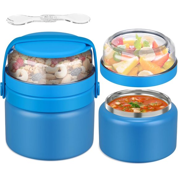 2 in 1 Double Insulated  Jar 8oz Soup Thermo with Snack Container  Thermo for Hot  Lunch Containers Wide Mouth Vacuum Stainless Steel Leak Proof for School Travel(Blue)