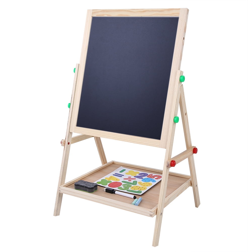 2 In 1 Double Side Kids Wooden Art Easel Double-Sided Whiteboard & Chalkboard Children Standing Dry Easel Board For Kids Toddlers Boys Girls Painting Drawing
