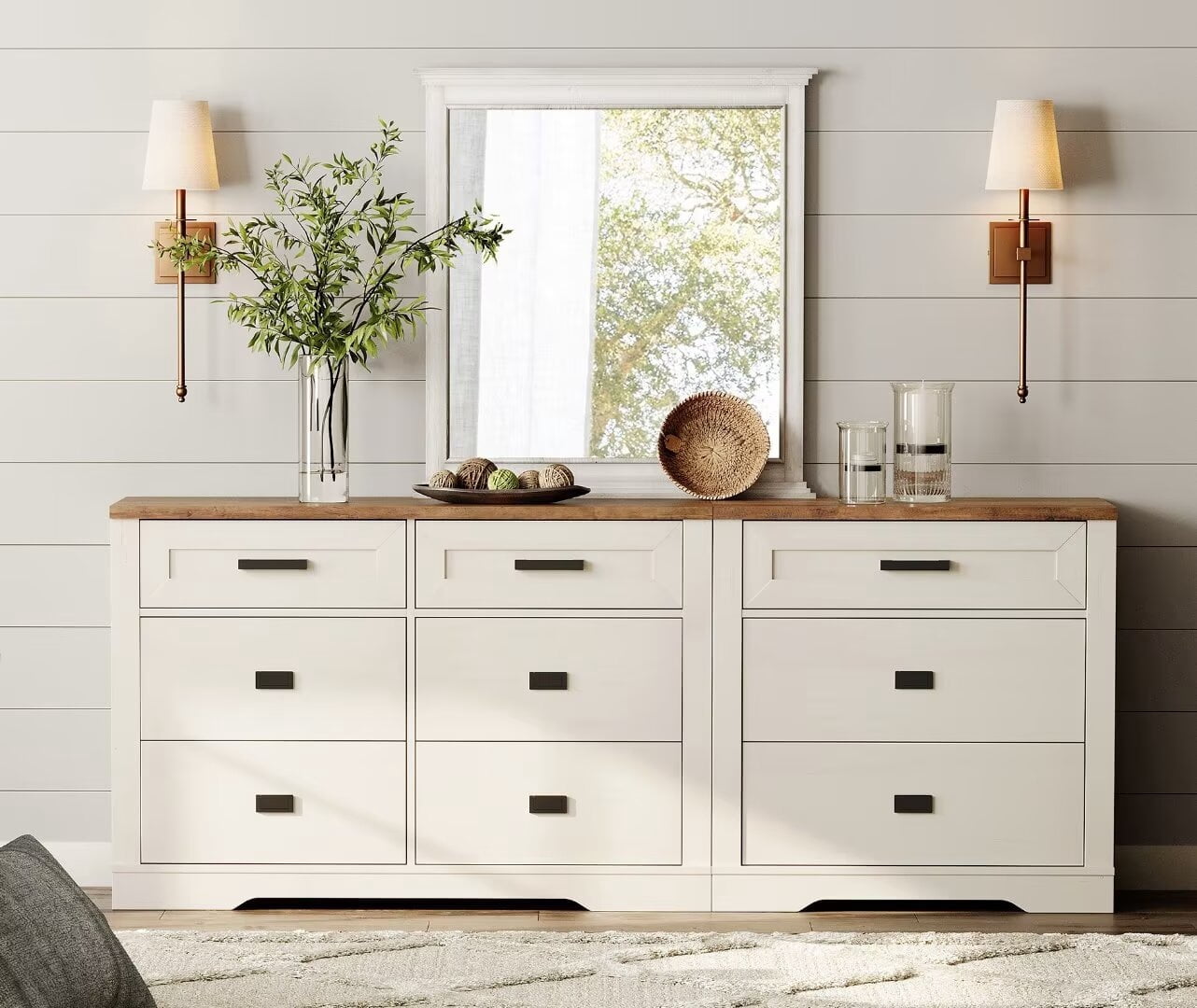 2 in 1 Dresser with 9 Drawers for Bedroom, Wooden Dressers with Small Chest of Drawers, Mid Century Modern Dresser with Metal Handles for Liviing Room, Hallway, White